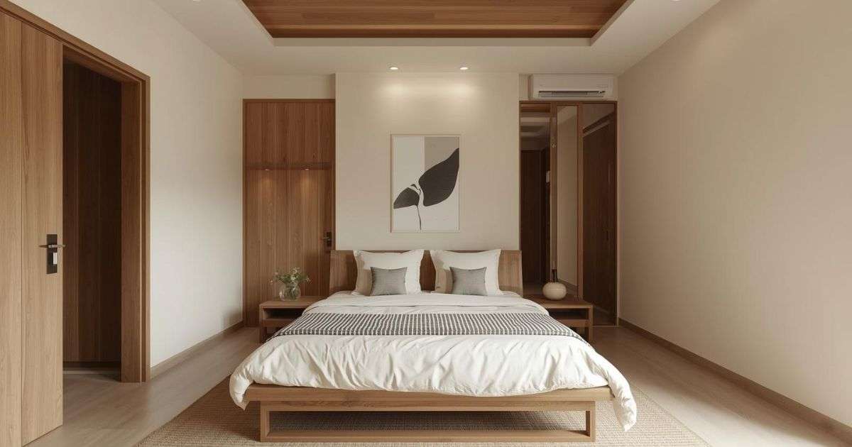 A softly lit bedroom with warm ambient glow and comfortable furnishings